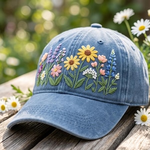 Hand Embroidered Floral Baseball Cap, Washed Cotton Summer Hat