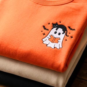 Embroidered Ghost Reading Book Cat Sweatshirt, Fall Halloween Crewneck image 2