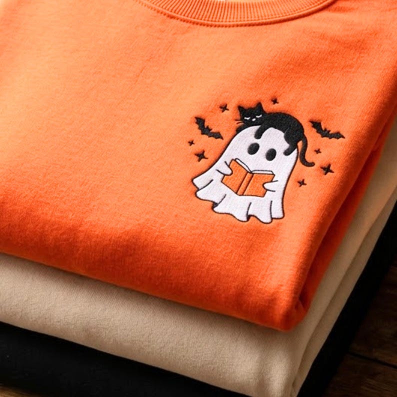 Embroidered Ghost Reading Book Cat Sweatshirt, Fall Halloween Crewneck image 2