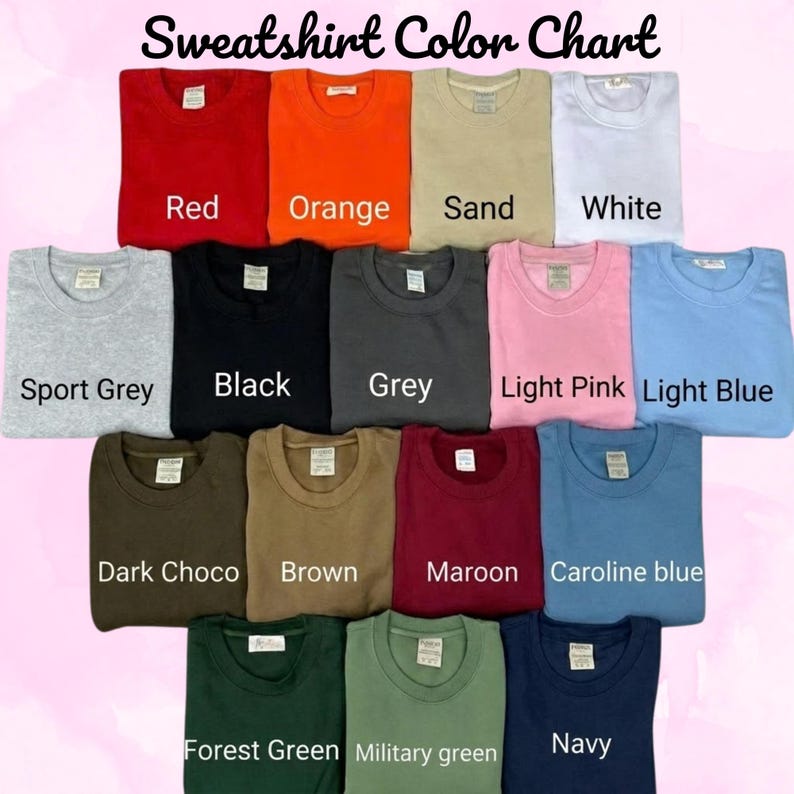Op de afbeelding: Een kleurenkaart voor sweatshirts met vijftien opgevouwen sweatshirts met ronde hals in verschillende kleuren, waaronder rood, oranje, zand, wit, sportgrijs, zwart, grijs, lichtroze, lichtblauw, donkerchocolade, bruin, bordeaux, carolineblauw, bosgroen, militair groen en marineblauw.
