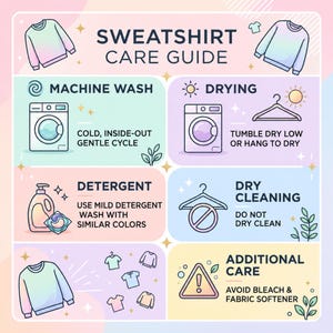Op de afbeelding: Een pastelkleurige infographic met een onderhoudsgids voor sweatshirts, voorzien van iconen voor machinewas, drogen, wasmiddel, stomerij en extra zorg. De tekst bevat instructies zoals koud wassen en het vermijden van bleekmiddel en wasverzachter.