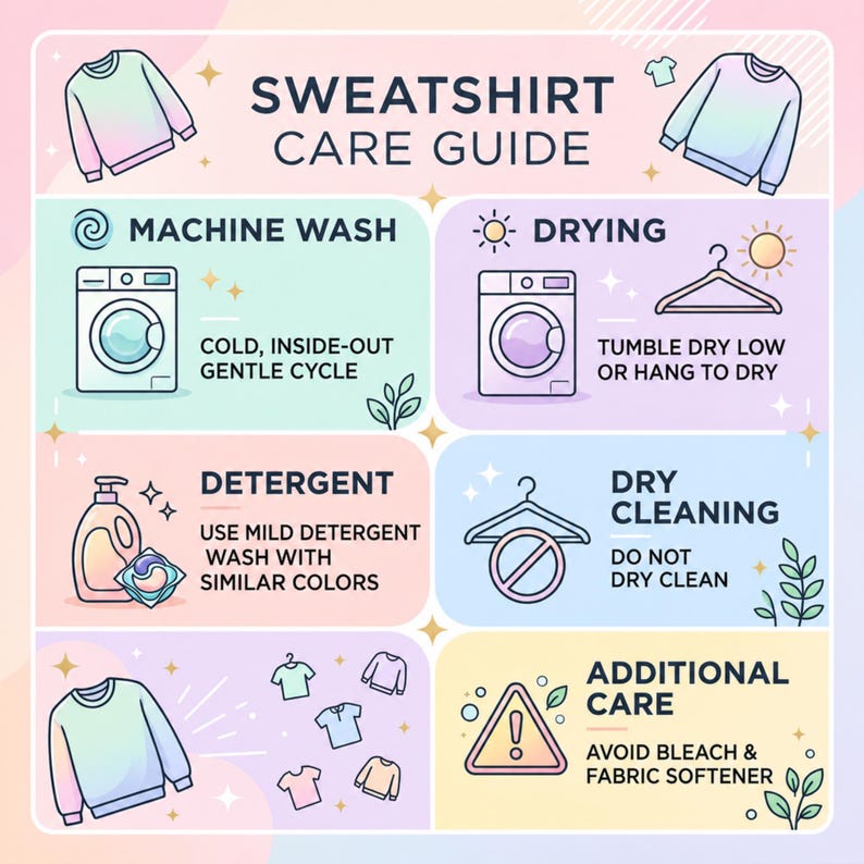 Op de afbeelding: Een pastelkleurige infographic met een onderhoudsgids voor sweatshirts, voorzien van iconen voor machinewas, drogen, wasmiddel, stomerij en extra zorg. De tekst bevat instructies zoals koud wassen en het vermijden van bleekmiddel en wasverzachter.