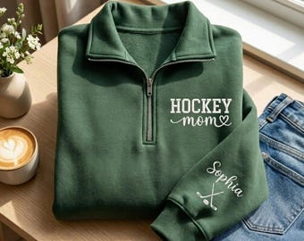 Sudadera con cremallera de un cuarto bordada a medida para mamás de hockey, camiseta personalizada para mamás de hockey