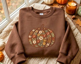 Embroidered Floral Pumpkin Sweatshirt, Boho Fall Vibes Women's Shirt