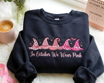 Sudadera con gorro de bruja bordado, color rosa, para concienciar sobre el cáncer de mama en octubre.