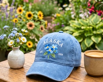 Casquette brodée à fleurs myosotis de l'Alaska, chapeau Fierté de l'est 1959