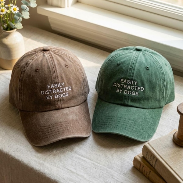 Embroidered Easily Distracted By Dogs Washed Hat: Dog Lover Gift