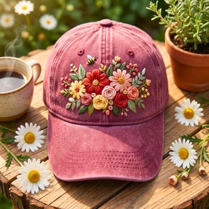 Gorra de béisbol floral bordada a mano, gorra de algodón lavado, diseño floral vintage.