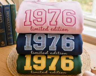 Embroidered Gingham Applique 1976 Sweatshirt, Retro 50th Birthday Gift
