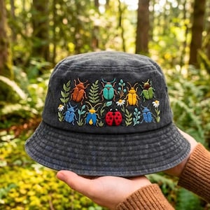 Hand Embroidered Insect Bucket Hat, Naturecore Cotton Summer Cap