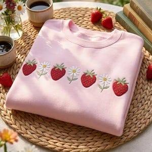 May include: A light pink sweatshirt with embroidered strawberries and daisies. The design features a row of alternating red strawberries and white daisies with green stems and leaves. The sweatshirt is folded neatly on a woven mat.
