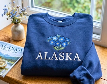 Alaska Embroidered Sweatshirt, Forget Me Not State Flower Crewneck, Alaska State Floral Hoodie, Vintage Alaska Sweatshirt