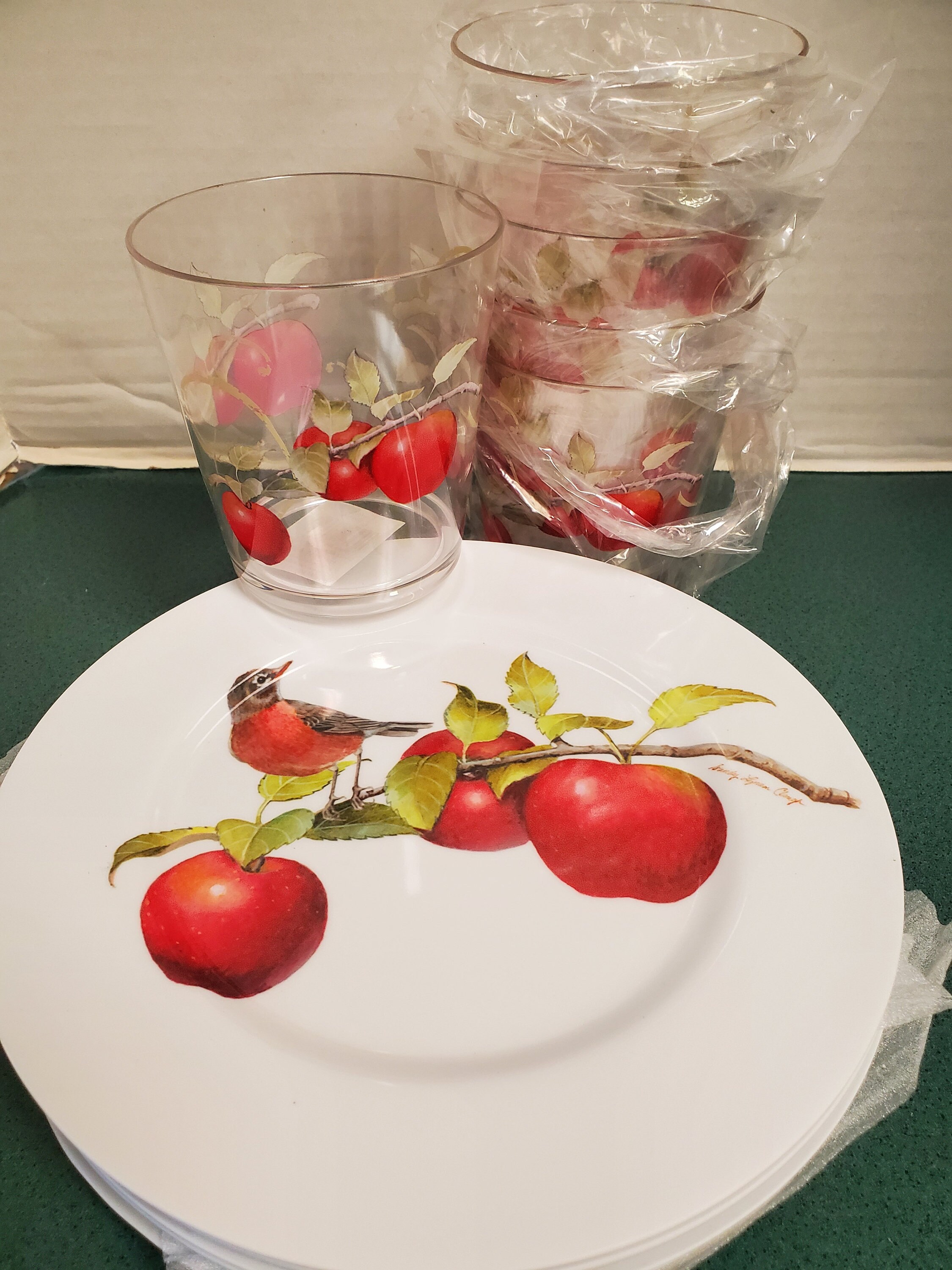 Dishes Red Apple and Robin Bird Luncheon Set Melamine Plates