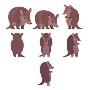 Puede incluir: Colección de siete ilustraciones de armadillos de dibujos animados en varias poses. Los armadillos son principalmente marrones con acentos rosados en las orejas y las mejillas. Cada armadillo tiene un caparazón segmentado y orejas pequeñas y puntiagudas.