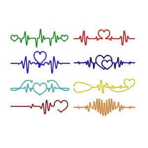 May include: Eight distinct embroidery designs featuring EKG heart rate lines in various colors including green, red, blue, teal, and yellow. The patterns incorporate heart shapes and a stethoscope motif, rendered in a clean, linear style.
