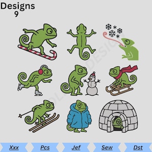 May include: Nine embroidery designs featuring green chameleons in winter activities. Includes a chameleon on a candy cane, a lizard, catching snowflakes, ice skating, with a snowman, sledding, skiing, wearing a blue coat, and in an igloo.