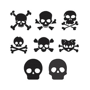 May include: A collection of black skull and crossbones designs in various styles. The images include detailed skull illustrations with crossed bones, perfect for Halloween or pirate-themed projects. The skulls vary in shape and detail.