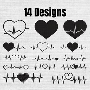 Puede incluir: Una colección de 14 diseños gráficos negros con formas de corazón y líneas de pulso EKG. El conjunto incluye varias disposiciones de corazones sólidos, contornos de corazón y patrones de electrocardiograma, uno incluyendo la palabra love.