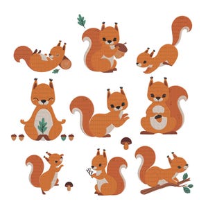 May include: Nine cartoon squirrels in different poses, all with orange fur and white bellies. Some hold acorns, leaves, or branches. The illustrations have a whimsical style, suitable for children's decor or craft projects. The background is plain white.