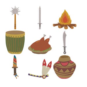 Op de afbeelding: Geborduurde illustraties van een knots, zwaard, trommel, kampvuur, gebraden kalkoen, gebogen zwaard, dolk, hoofdtooi en een decoratieve vaas. Het kleurenpalet omvat bruin, groen, rood en geel.