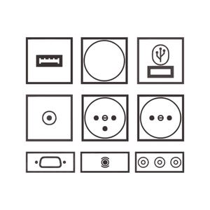 May include: Nine black and white electrical outlet and connector icons. The icons include a USB port, a round outlet, a USB charging port, a coaxial connector, a two-pin outlet, a three-pin outlet, a VGA port, a speaker port, and a set of three RCA ports.