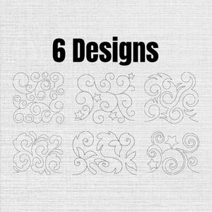 Könnte beinhalten: Eine digitale Grafik mit dem Text 6 Designs in schwarzer, fetter, serifenloser Schrift über sechs verschiedenen schwarzen Linienmustern. Jedes quadratische Muster zeigt eine einzigartige Anordnung von Wirbellinien und kleinen Sternen.
