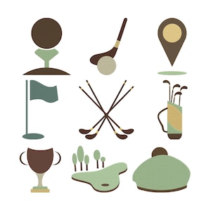 May include: A collection of golf-themed illustrations. The image features a golf ball on a tee, a golf club with a ball, a course marker, a flag, crossed golf clubs, a golf bag, a trophy, a green, and a golf hat, all in a textured style.
