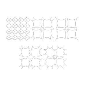 May include: A collection of five distinct geometric patterns rendered in thin black lines on a white background. The designs feature repeating quatrefoil, star-like, and curved square motifs arranged in grid-like formations across the image.