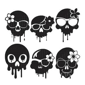 May include: Six black skull illustrations with sunglasses and floral accents. The skulls have a dripping effect, and some feature flowers. The sunglasses vary in style, and the overall design is a playful take on the skull motif.