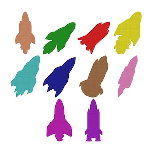 Puede incluir: Una colección de diez recortes de cohetes coloridos en varios tonos, incluyendo marrón, verde, rojo, amarillo, turquesa, azul, marrón, rosa, morado y violeta. Los cohetes están dispuestos sobre un fondo blanco.