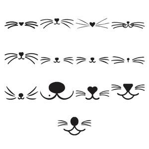 Puede incluir: Una colección de trece ilustraciones gráficas negras que representan varios diseños de narices y bigotes de animales. Cada icono individual presenta una forma de nariz única, incluyendo corazones, círculos y triángulos, junto a líneas simétricas.