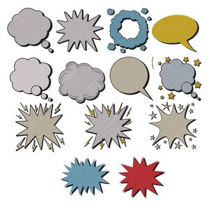 Può includere: Una collezione di tredici nuvolette per fumetti in varie forme e colori, tra cui grigio, blu, giallo e rosso. Il set presenta forme di esplosione frastagliate, nuvole arrotondate e ovali lisci con superfici testurizzate.