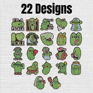 Op de afbeelding: Een verzameling van 22 grafische ontwerpen met augurk-thema, met diverse groene cartoon-augurken in verschillende houdingen en outfits, inclusief teksten zoals I'M A PICKLE, Don't Be SALTY, I LOVE PICKLE, I'M KIND OF A BIG DILL, PICKLE HAZE en Pickle.