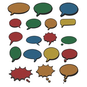 May include: A collection of nineteen speech bubbles in various shapes and colors, including red, blue, green, brown, and yellow. The set features rounded, oval, and jagged burst designs, all outlined in thick black lines on a plain white background.
