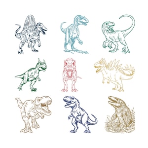 May include: A collection of nine dinosaur illustrations arranged in a grid. The set features various species including a Spinosaurus, a T-Rex, and a Mosasaurus, rendered in distinct line art styles with blue, green, red, yellow, and brown ink colors.