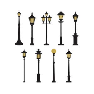 May include: A selection of ten black and gold street lamps in diverse styles. The lamps have decorative elements and emit a warm, golden light. The image is set against a white backdrop.