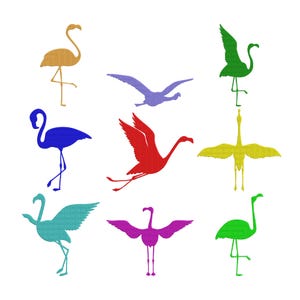 May include: A collection of nine colorful flamingo silhouettes in various poses. The flamingos are in shades of gold, purple, red, yellow, blue, teal, green, and magenta. The image is on a white background.