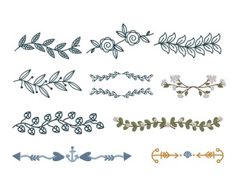 May include: A collection of ten distinct embroidery designs featuring botanical motifs, including leafy branches, floral vines, and symmetrical dividers. The set includes dark blue, green, white, and gold thread patterns with anchors and arrows.