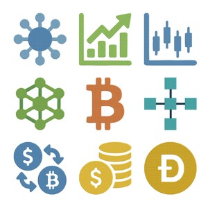 May include: A selection of colourful cryptocurrency and financial icons. Includes a Bitcoin symbol, a Dogecoin symbol, charts, and currency exchange symbols. The icons are in shades of blue, green, orange, and yellow.