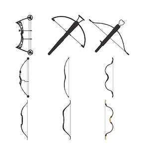 May include: A selection of black archery equipment silhouettes, including compound bows, crossbows, and recurve bows. The image shows different bow designs and shapes, set against a white background.