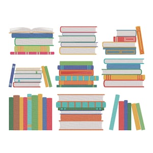 May include: A collection of nine illustrations of books. Each illustration features stacks of books in various sizes and colors, including red, blue, green, yellow, and orange. Some books are stacked, while others are standing upright.