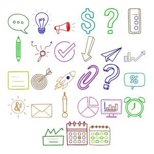 May include: A collection of colorful hand-drawn icons including a speech bubble, light bulb, megaphone, dollar sign, question marks, pencil, magnifying glass, checkmark, arrow, paper plane, target, rocket, paperclip, percent sign, envelope, and clock.
