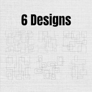 May include: A digital graphic featuring the text 6 Designs in bold black letters at the top, positioned above six distinct black line art patterns consisting of various overlapping rectangles and rounded squares on a light gray textured background.