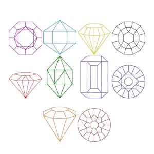 Könnte beinhalten: Eine Sammlung von zehn Edelsteinillustrationen in verschiedenen Formen und Farben. Die Edelsteine sind in Lila, Türkis, Gelb, Schwarz, Rot, Grün, Blau und Braun umrandet. Die Designs umfassen runde, achteckige und rechteckige Formen.
