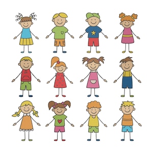 Op de afbeelding: Een kleurrijke illustratie van twaalf stokfiguren van kinderen. Elke figuur heeft een lachend gezicht, met verschillende kapsels en kleding in verschillende kleuren. De figuren zijn gerangschikt in drie rijen van vier.