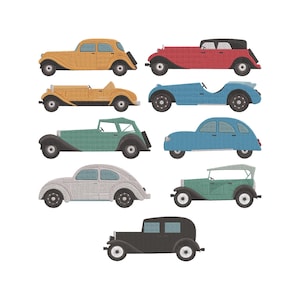 May include: A collection of nine vintage car illustrations in various colors, including yellow, red, blue, green, and gray. The cars have classic designs with rounded shapes and distinct features, such as convertible tops and enclosed cabins. The image is set against a white background.