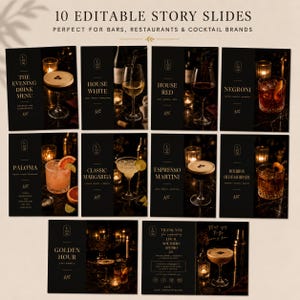 May include: A set of 10 editable digital story slides featuring black backgrounds with gold text and imagery of various cocktails including an espresso martini, house white, house red, negroni, paloma, margarita, and bourbon old fashioned.
