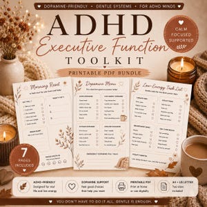 以下が含まれることがあります： ADHDエグゼクティブ機能ツールキット、印刷可能なPDFバンドル。画像は、モーニングリセット、ドーパミンメニュー、低エネルギーのタスクリストのページがあるプランナーを示しています。デザインには、フローラルのアクセントとテキストが含まれています。
