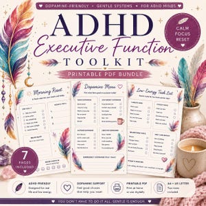 Peut inclure: Ensemble de PDF imprimables ADHD Executive Function Toolkit. Comprend une liste de contrôle de réinitialisation matinale, un menu de dopamine et une liste de tâches à faible énergie. Design apaisant avec des plumes et le texte "Calm Focus Reset". 7 pages.