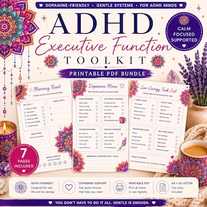 Pode incluir: Pacote PDF imprimível do ADHD Executive Function Toolkit com um design floral. Inclui um reset matinal, um menu de dopamina e uma lista de tarefas de baixa energia. O pacote inclui 7 páginas e é projetado para a vida real e baixa energia.